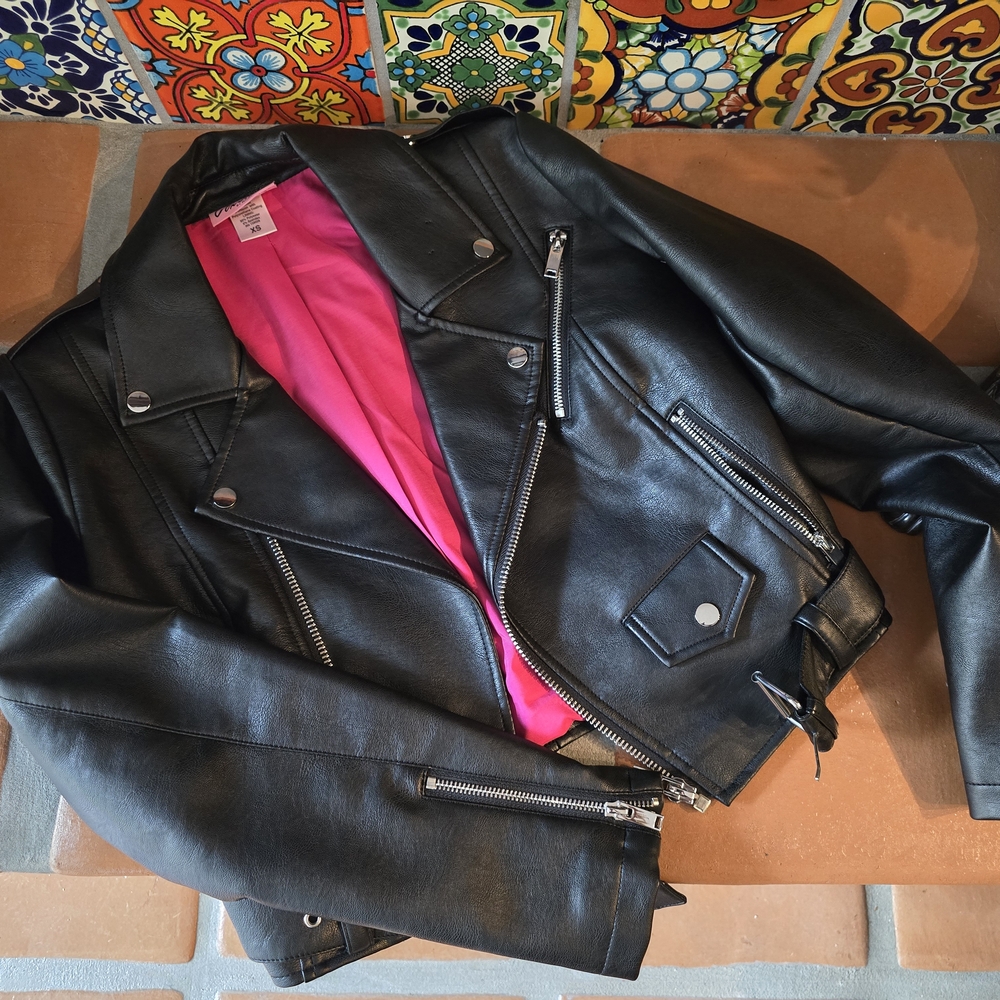 Women's Black Leather Jacket with Pink Lining